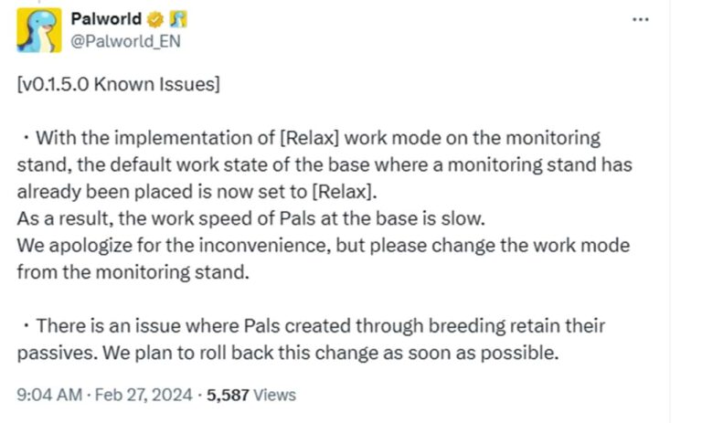 Palworld update 0.1.5.0 adds two new issues that need fixing